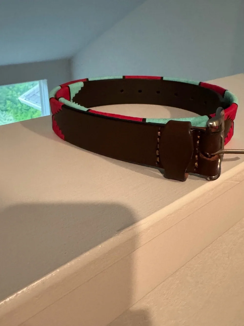 Argentina Polo Club Handwoven Leather Belt Pink & Turquoise Geometric Pattern